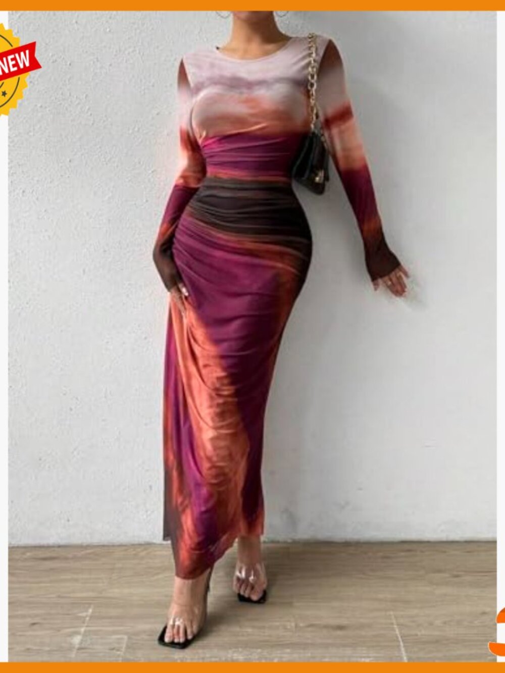 Long Sleeve Maxi Bodycon Dress Ruched Formal Slim Fit Mesh Tie Dye - Picture 3 of 7